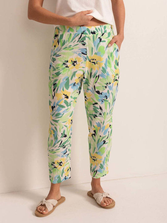Damen Stoff Capri Hose in Lose Passform Blumen Grün
