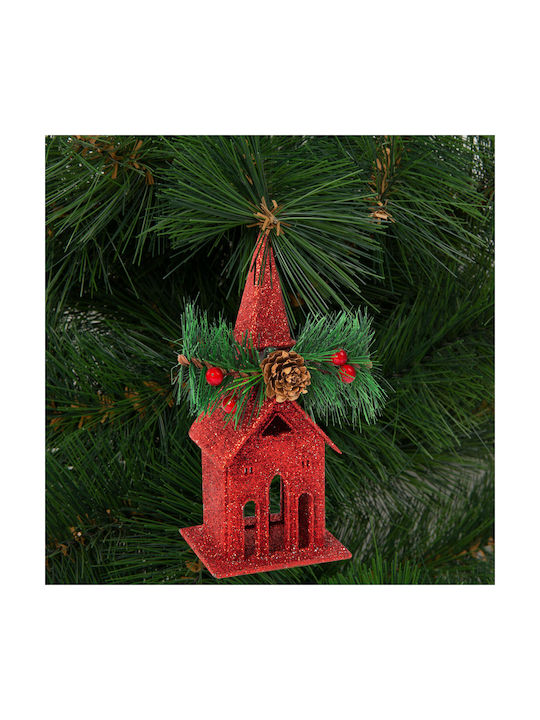Ornament De Crăciun Pentru Brad Biserică Roșie Sclipici 16 Cm