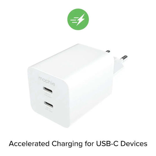 Mophie Φορτιστής Χωρίς Καλώδιο με 2 Θύρες USB-C 50W Power Delivery Λευκός (409911854)