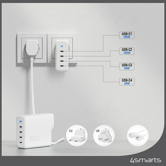 4Smarts Φορτιστής Χωρίς Καλώδιο GaN με 4 Θύρες USB-C 200W Λευκός (545200)