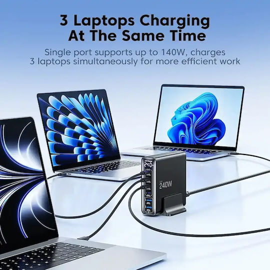 Tech-Protect GaN Handyladegerät mit 2 USB-A Ausgangsanschlüsse und 4 USB-C Ausgangsanschlüsse 240W Stromlieferung / Schnellladetechnologie 3.0 in Schwarz Farbe (DC240W-GAN)