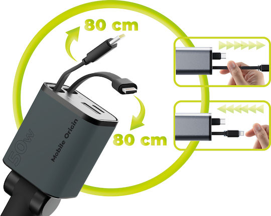 Mobile Origin Car Charger 50W 3A Fast Charging with Ports 1xUSB 1xType-C with Lightning / Type-C Cable Gray Color