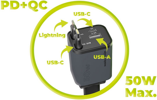 Mobile Origin Car Charger 50W 3A Fast Charging with Ports 1xUSB 1xType-C with Lightning / Type-C Cable Gray Color