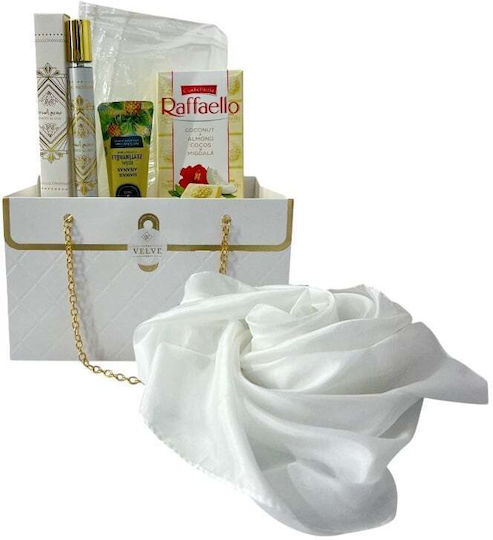 Set Premium Luxury Alb Eșarfă din Mătase Albă Parfum Badee Al Oud 35 Ml Cremă de Mâini Raffaello În Cutie Cadou Stil Geantă