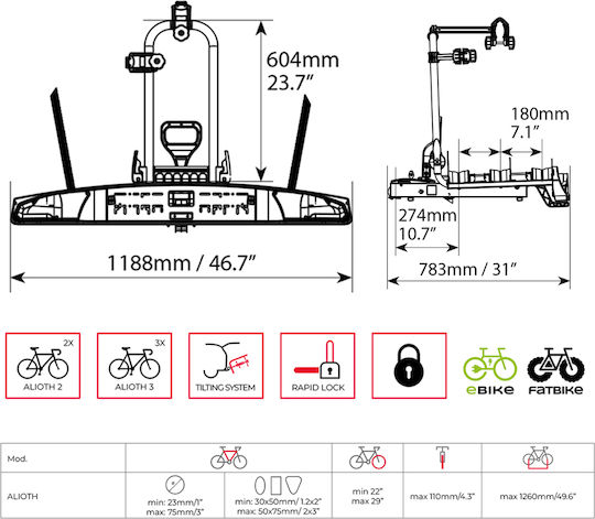 Menabo Tow Hitch Bike Rack Alioth 3 3 Bicycles or E-bike Fat Bike Tilt Quick Release Lever Adapter 13 Pin 1 Piece 14910/mb