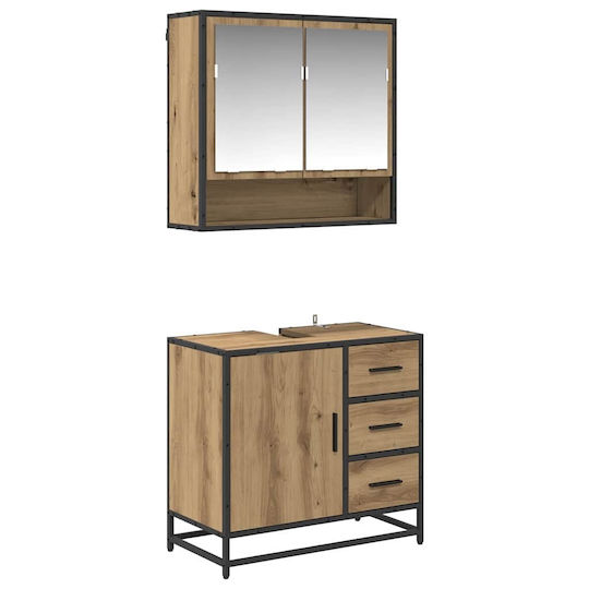 vidaXL Badezimmer Waschtisch-Einheit mit Waschbecken, Spiegel und Spalte M65xB33xH60cm Artisan Eiche