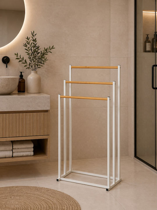 Floor Standing Bathroom Hanger 3 Positions Metallic Bamboo 45x23x85cm White Natural Mrshome Df-0030000