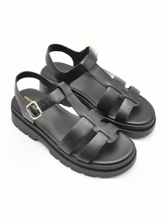 Adacter S Leder Flache Sandalen für Damen mit Riemen in Schwarz Farbe