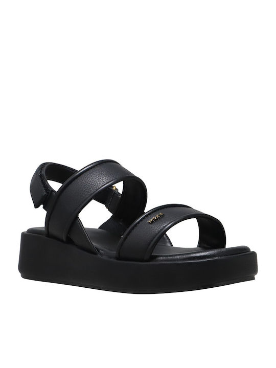 Leather Women's Flat Sandals with Strap in Black Color