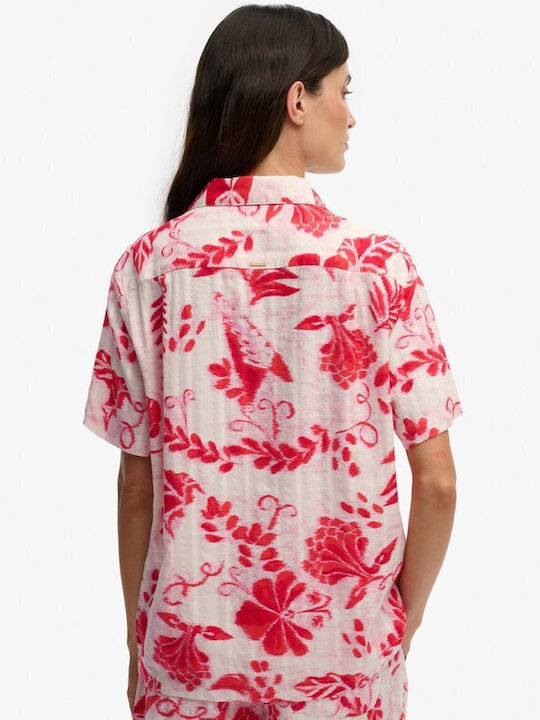 Shirt Shirt Short Sleeve Women's Denim Shirt Ikat Floral Red