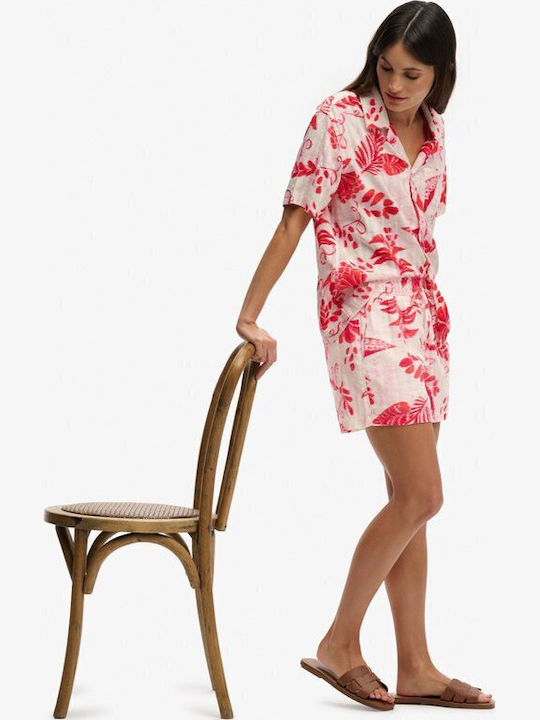Shirt Shirt Short Sleeve Women's Denim Shirt Ikat Floral Red
