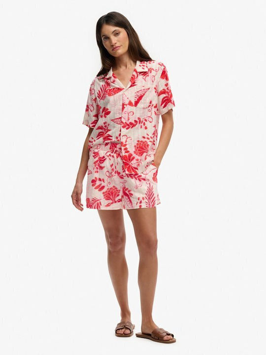 Shirt Shirt Short Sleeve Women's Denim Shirt Ikat Floral Red