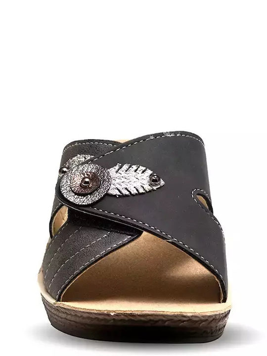 Leder Flache Sandalen für Damen Anatomisch in Schwarz Farbe