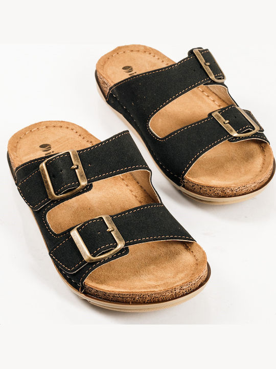 Leather Women's Flat Sandals in Black Color
