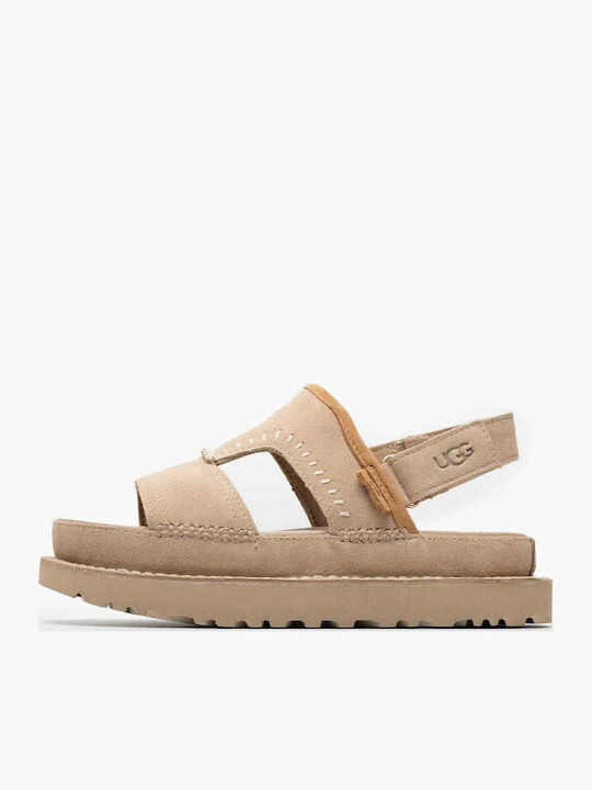 Goldenstar Leather Women's Flat Sandals Flatforms in Beige Color