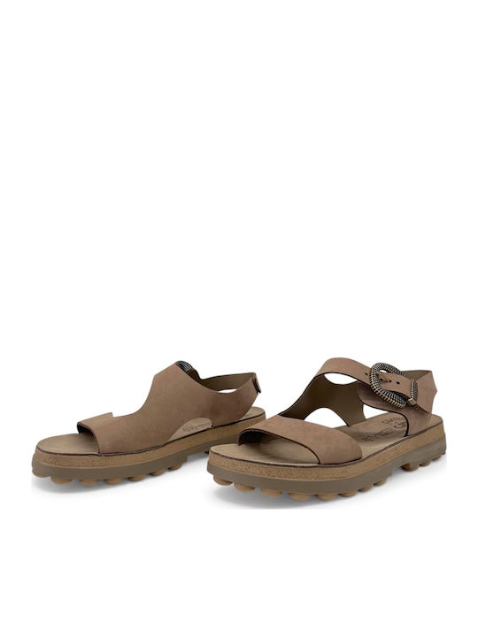 Leather Women's Flat Sandals with Strap in Brown Color