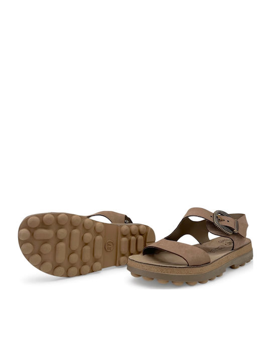 Leather Women's Flat Sandals with Strap in Brown Color