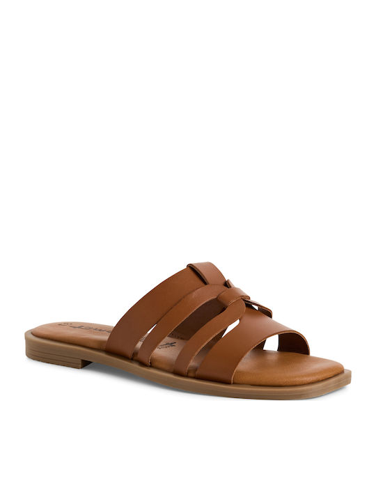 Leather Women's Flat Sandals in Tabac Brown Color