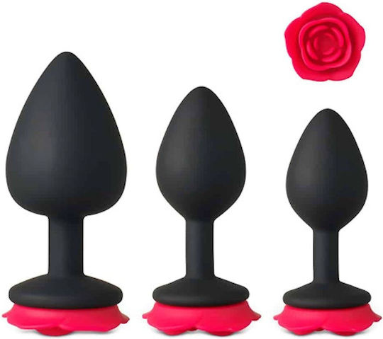 SMD Analyzer Rose Triple Butt Plug Set Anal Plug from Silicone Set of 3 S M L Black Red Rose