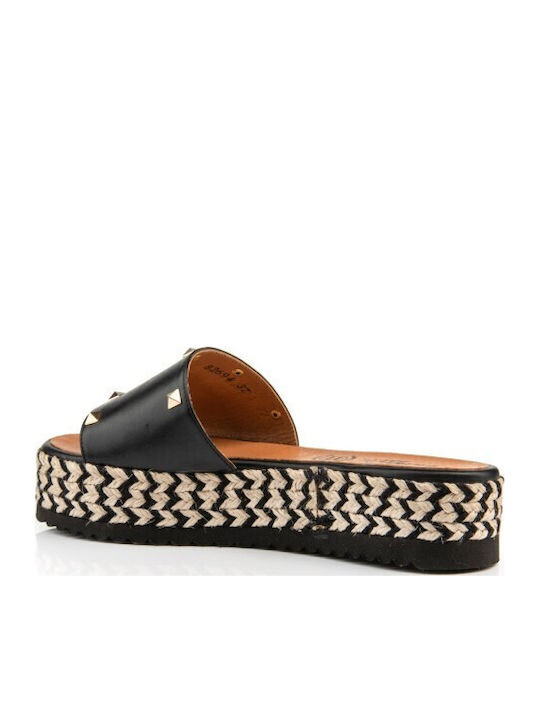 Leather Women's Flat Sandals Flatforms in Black Color
