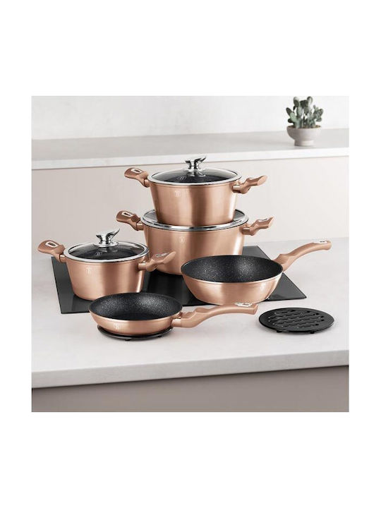 Berlinger Haus Metallic Line Cookware Set from Aluminum Rose Gold with Stone Coating 5 Pieces