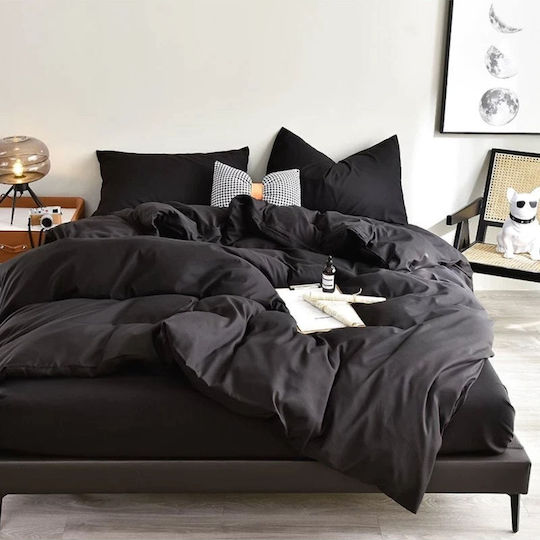 SteweHome Cotton Duvet Cover Set 200x220cm Double With 2 Pillowcases Black