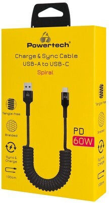 Powertech Spirale USB 2.0 Kabel USB-C männlich - USB-C 60W PD Schwarz 1m PTR-0197