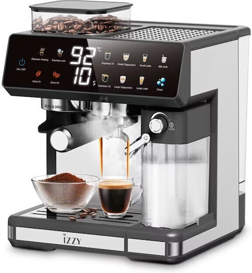 Izzy IZ-6028 Αυτόματη Μηχανή Espresso 1450W Πίεσης 20bar για Cappuccino με Μύλο Άλεσης Ασημί 225253