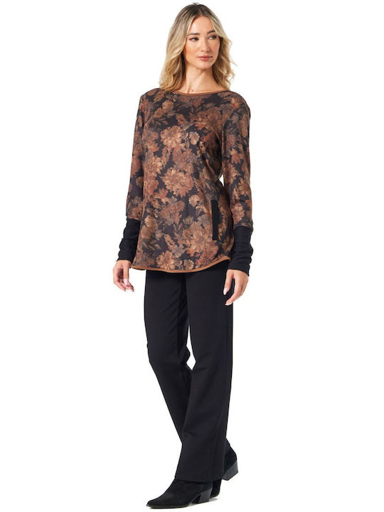 Damen Langärmeliges Pullover Blumen Braun