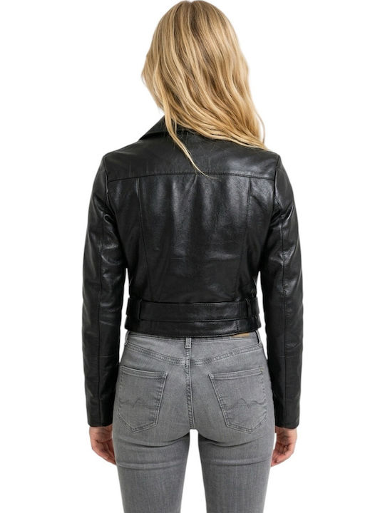 Crop Leder Damenjacke für Winter Schwarz