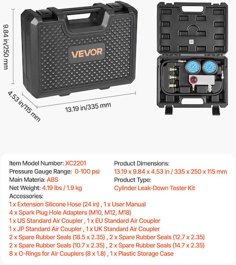 Vevor Engine Cylinder Compression Tester Set Manometer 0-100 Psi 4 Adapters Qgclyjxclbsynwlol001v0