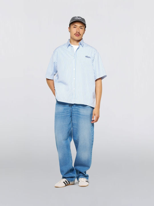 Short Sleeve Denim Shirt in Wide Line Striped White/Blue