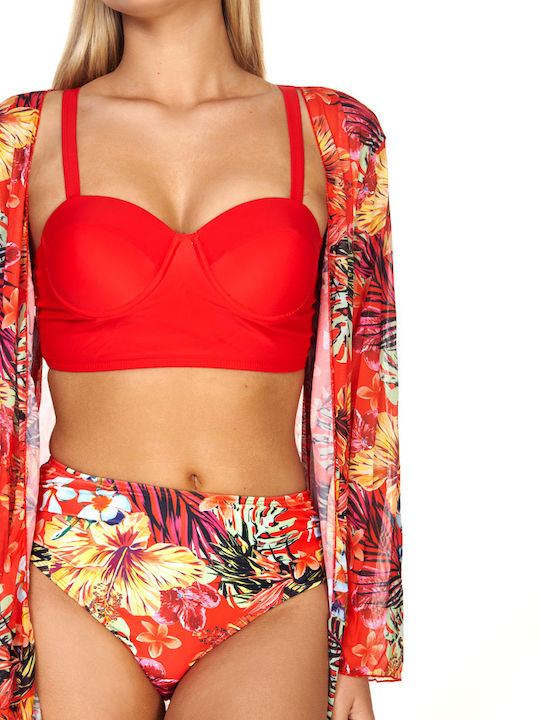 Set Bikini 3 Τεμαχίων Ψηλόμεσο Floral Κόκκινο