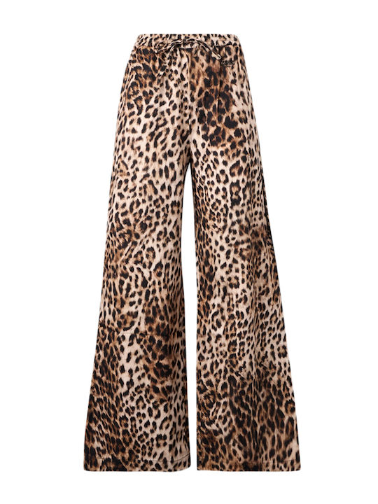 Women's Fabric Trousers with Rubber Band in Straight Leg Style Leopard Brown Black Beige