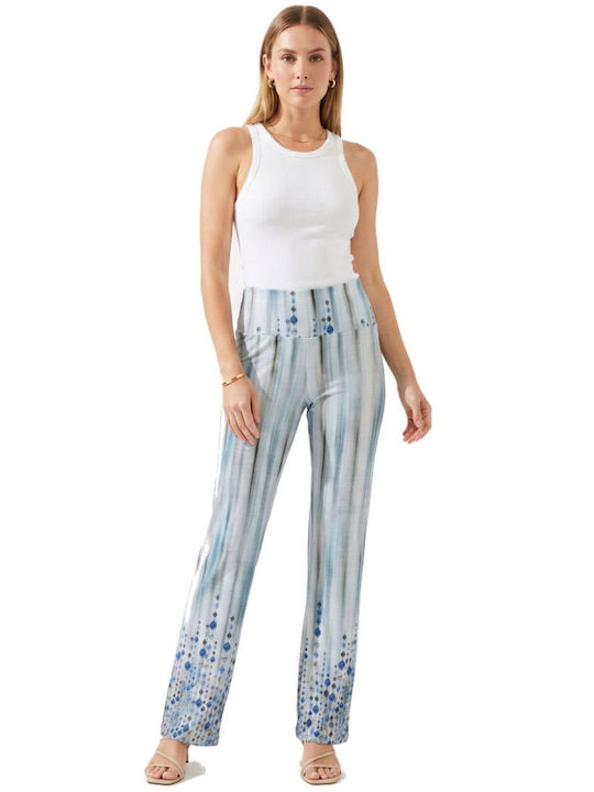 Women's Fabric Trousers with Rubber Band in Straight Leg Style Blue