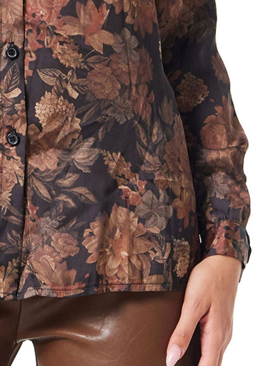 Long Sleeve Women's Satin Shirt Brown Floral