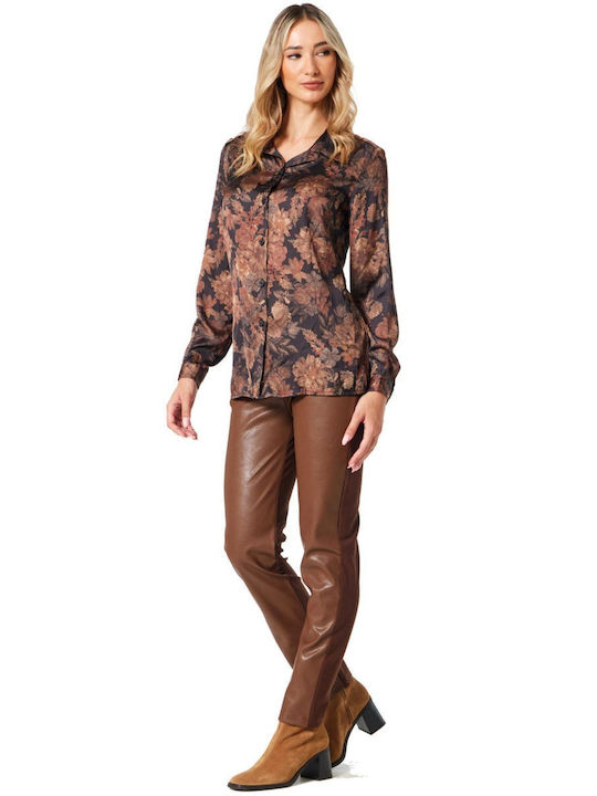 Long Sleeve Women's Satin Shirt Brown Floral