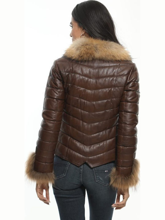 Leather Women's Jacket for Winter Brown