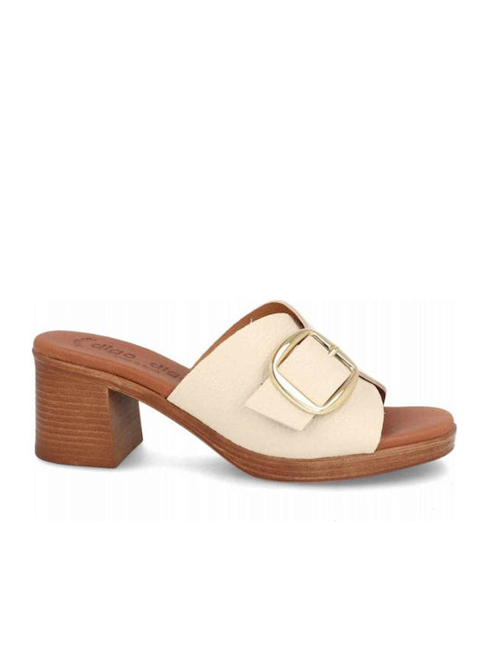 Leather Mules with Heel in Beige Colour