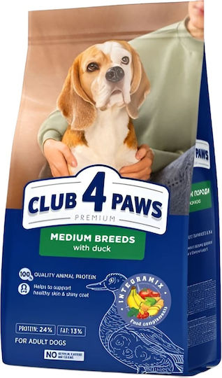 Club 4 Paws 14kg Trockenfutter für erwachsene Hunde mittlerer Rassen mit Ente, Fleisch, Huhn, Reis, Leber und Lachs