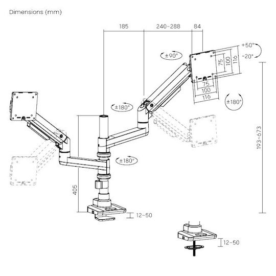 Brateck Стойка За Бюро За 2 Монитора До 49" С Рамо (LDT69-C024P)