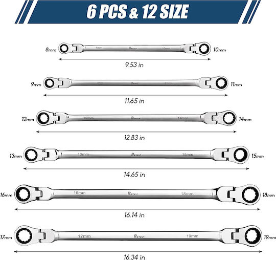Exdel Tools Σετ 6 Μονά Κλειδιά Πολύγωνα Σπαστά με Μηχανισμό Καστάνιας