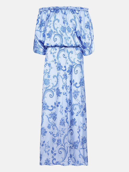 Summer Maxi Dress for Wedding - Christening Satin Off-Shoulder Azure