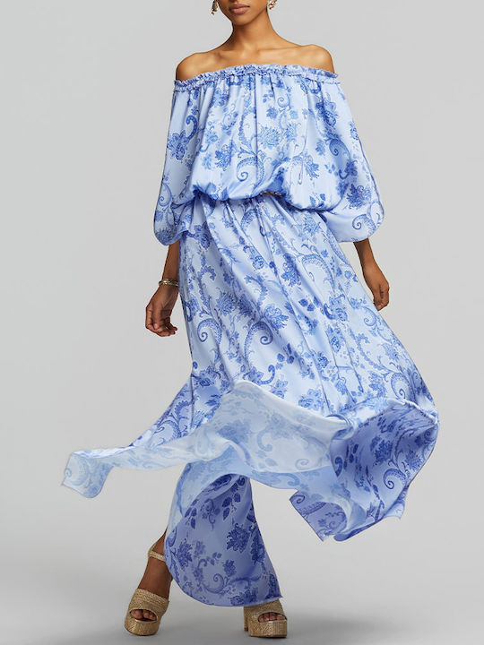 Summer Maxi Dress for Wedding - Christening Satin Off-Shoulder Azure