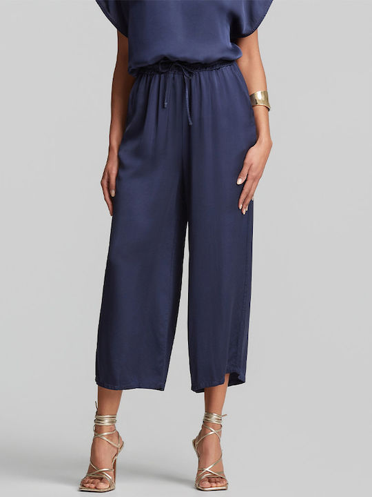Women's Satin Capri Trousers with Rubber Band in Straight Leg Blue