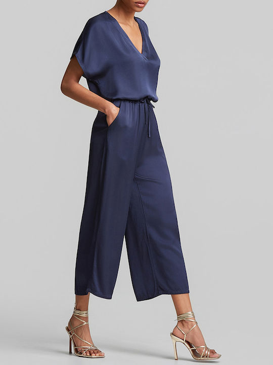 Women's Satin Capri Trousers with Rubber Band in Straight Leg Blue