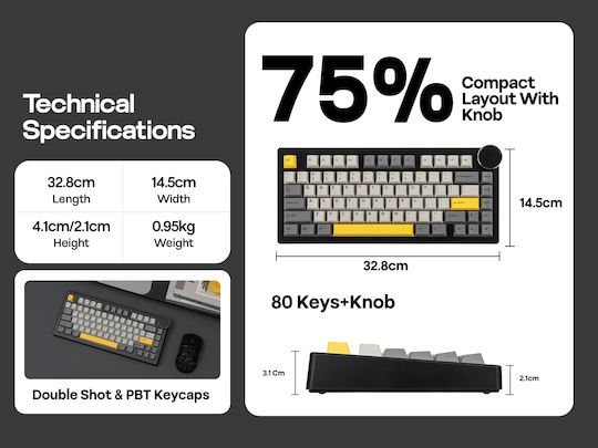 Ajazz AK820 V2 Pro Ασύρματο Gaming Πληκτρολόγιο 75% με RGB φωτισμό (Αγγλικό US)