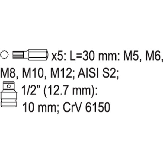 Yato Spline Multi-Spline Bits Walnut with Spline Head and Socket 1/2'' M10 / M12 / M5 / M6 / M8x30mm 6pcs