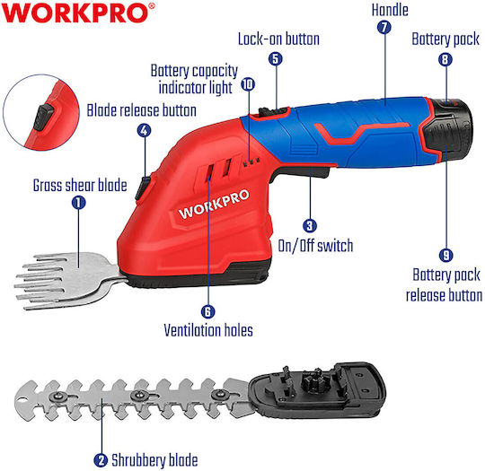 WorkPro WP461607 Hedge Trimmer Battery 12V Solo