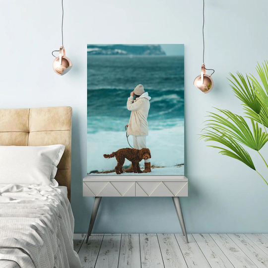 Frau Und Hund Am Meer 1 Auf Segeltuch